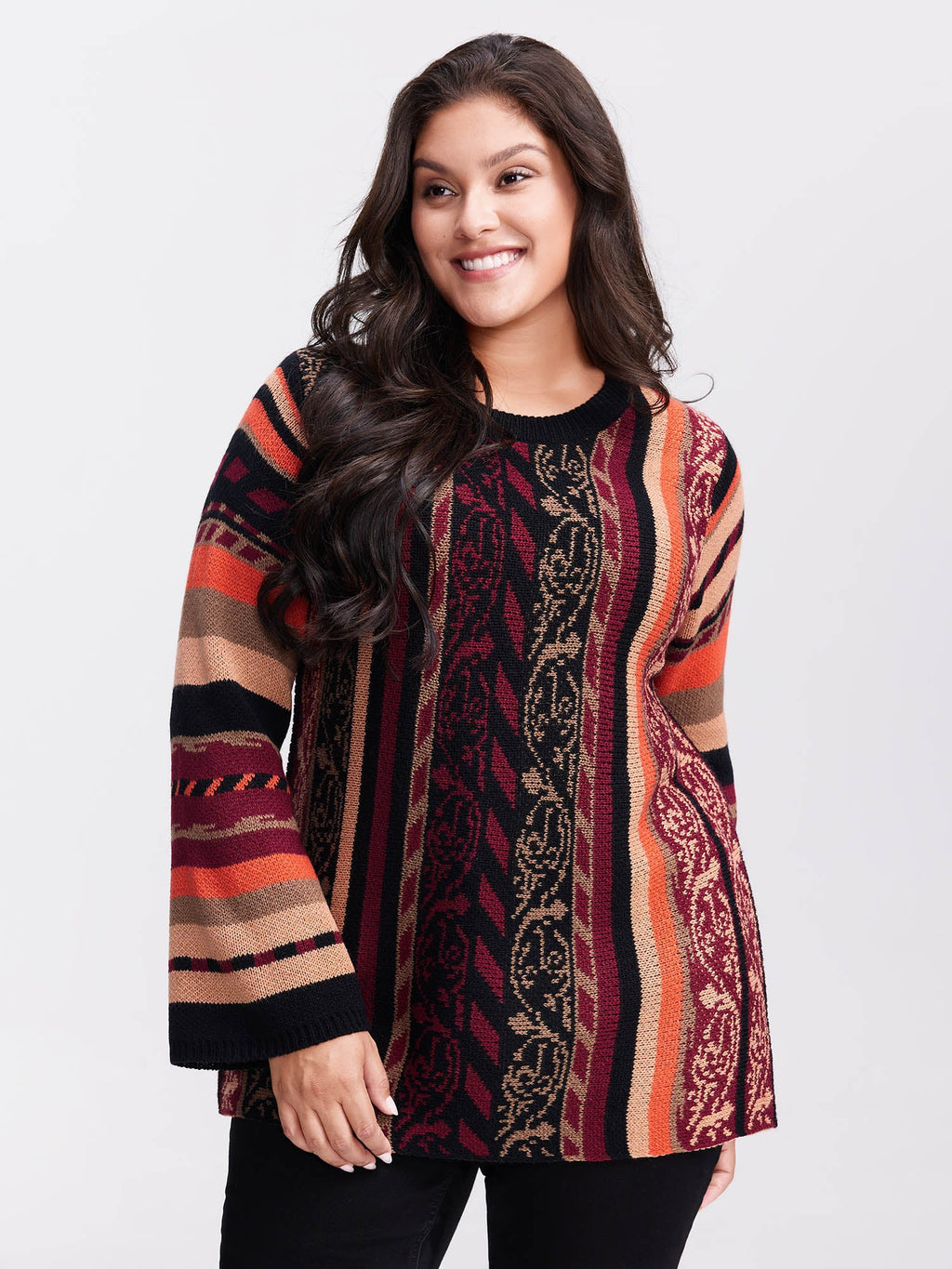 Boho Stripe Flared Sleeve Stretchy Pullover