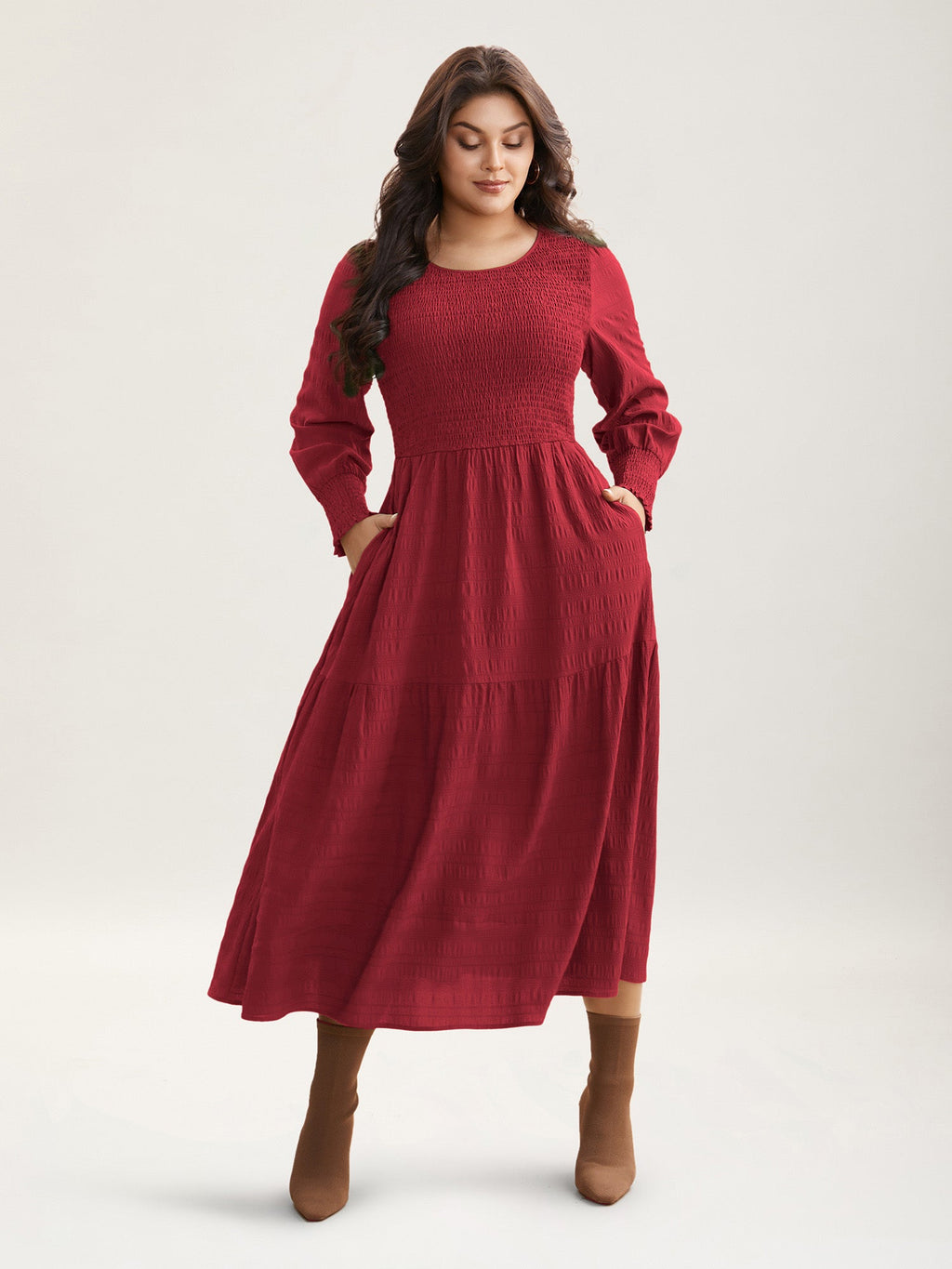 Plain Textured Shirred Midi Dress