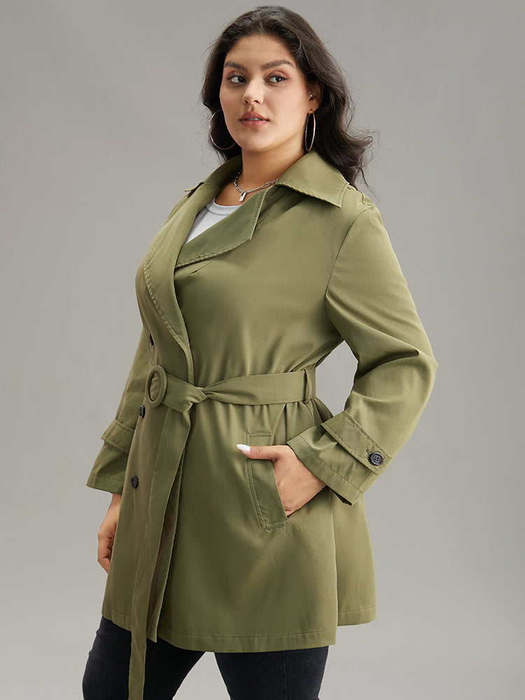 Plain Double Breasted Belted Pocket Windbreaker