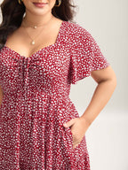 Ditsy Floral Sweetheart Drawstring Pocket Tiered Dress