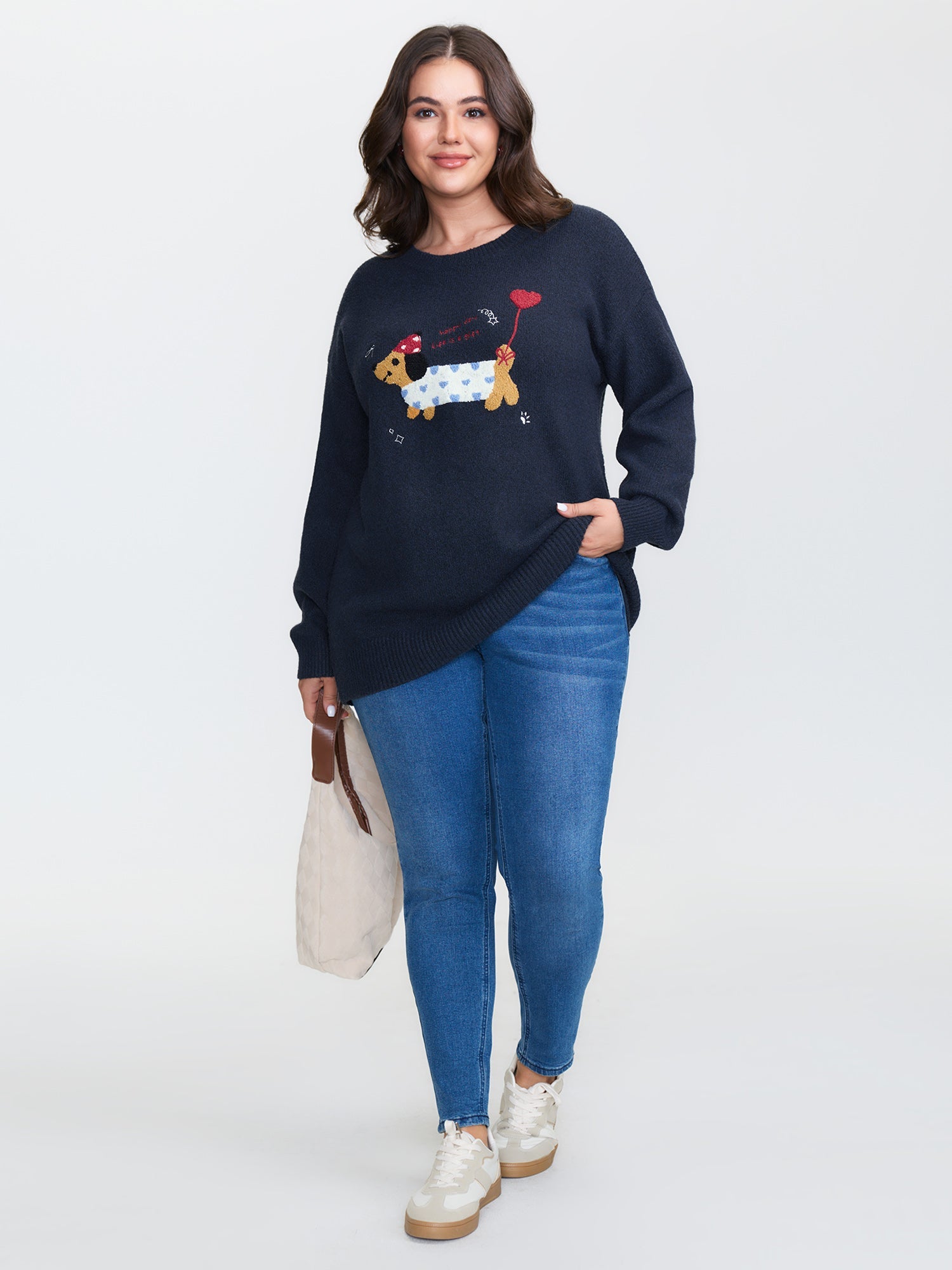 Happy Day Embroidered Motif Drop Shoulder Pullover