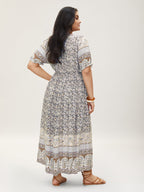 Boho Print Notched Ties Tassel Trim Dress