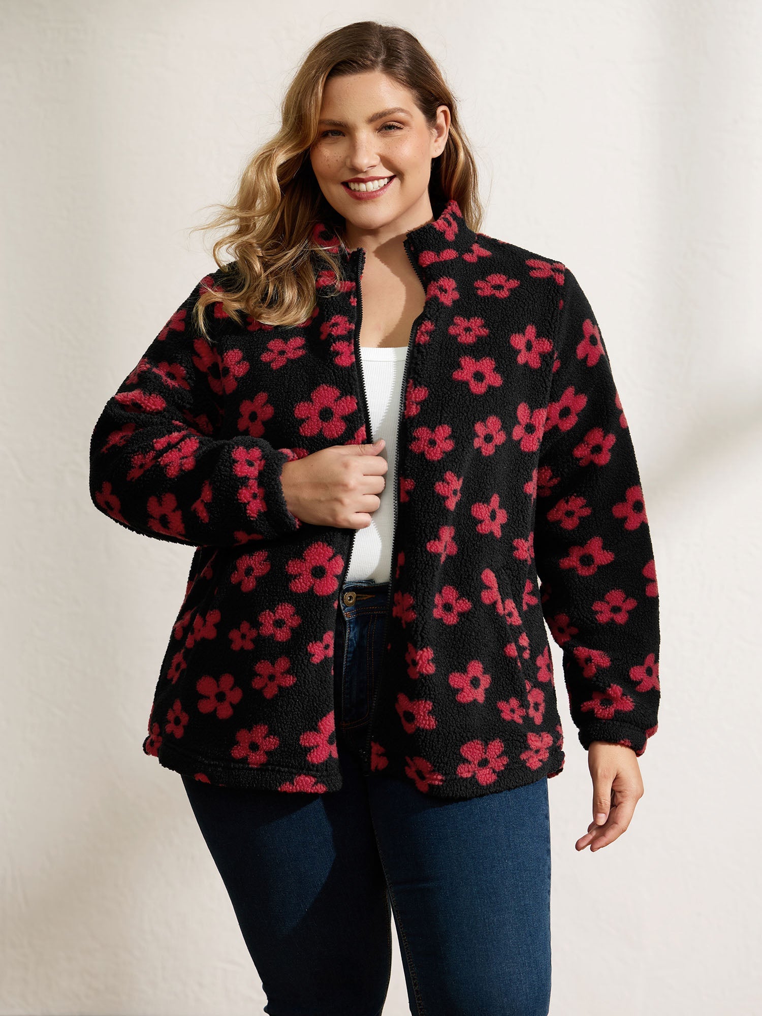 Jacquard Plush Floral Zipper Jacket