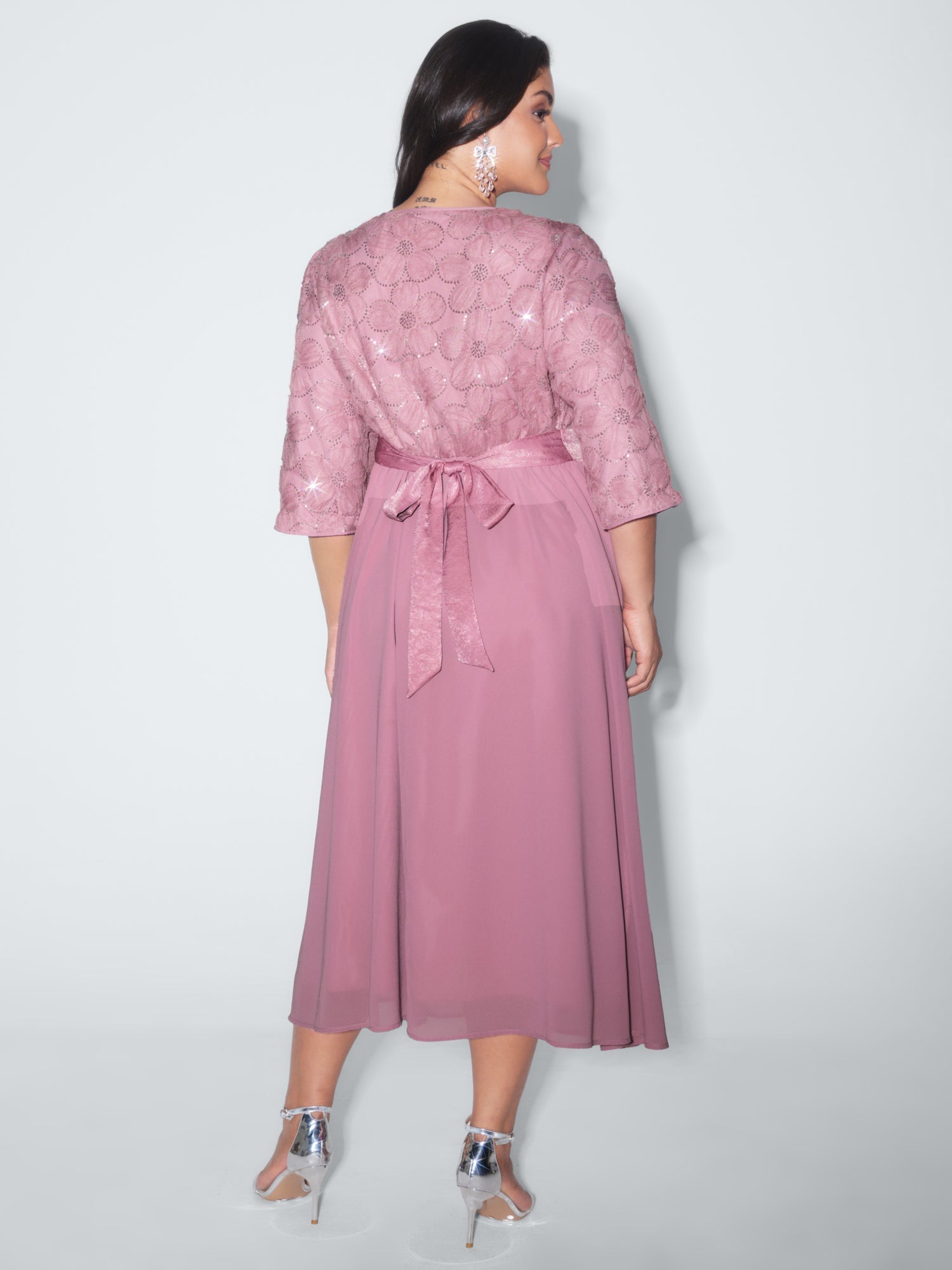 Sequin Floral Tulle Shirred Waist Maxi Dress