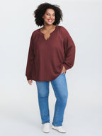 Waffle Grid Notched Collar Lace Sweatshirt