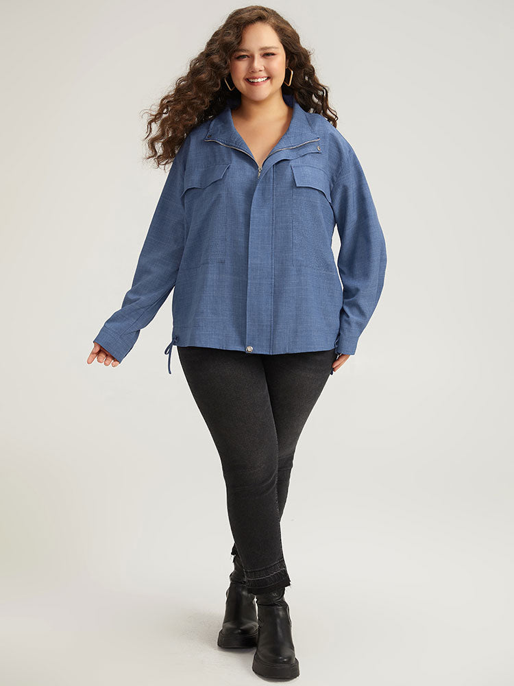 Plain Flap Pocket Zipper Lapel Collar Coat