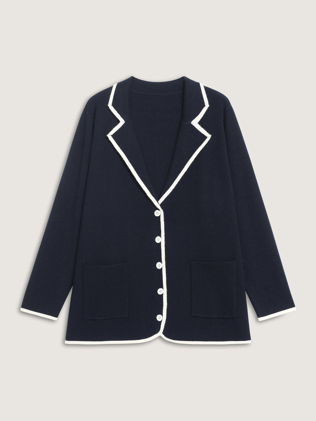 Blazer Collar Pockets Color Contrast Knit Cardigan