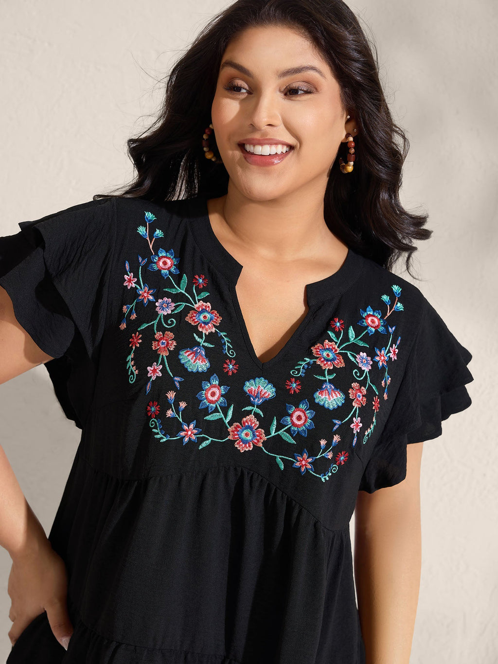 Embroidered Neckline A-Line Ruffled Knee-Length Dress