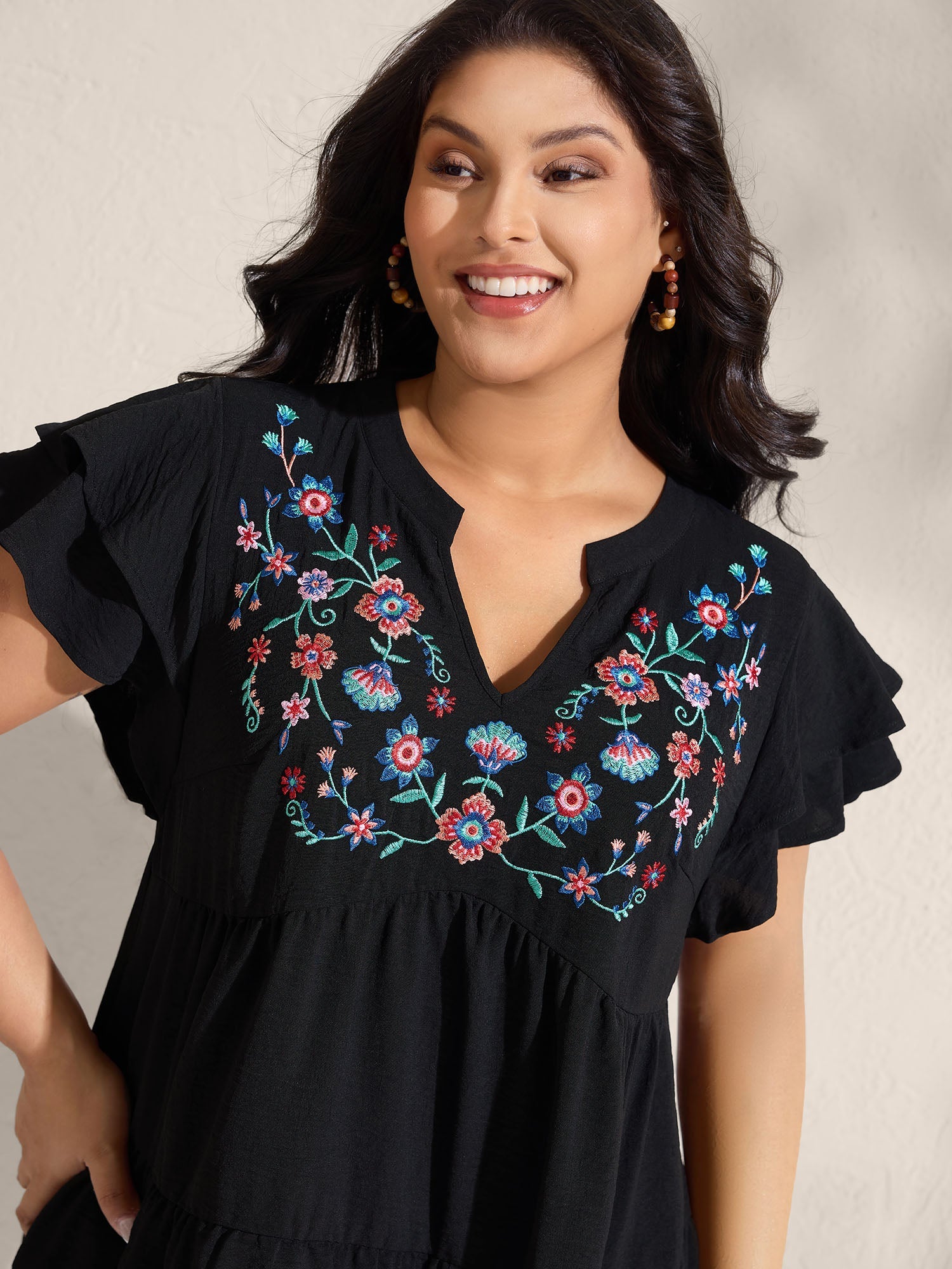 Embroidered Neckline A-Line Ruffled Knee-Length Dress