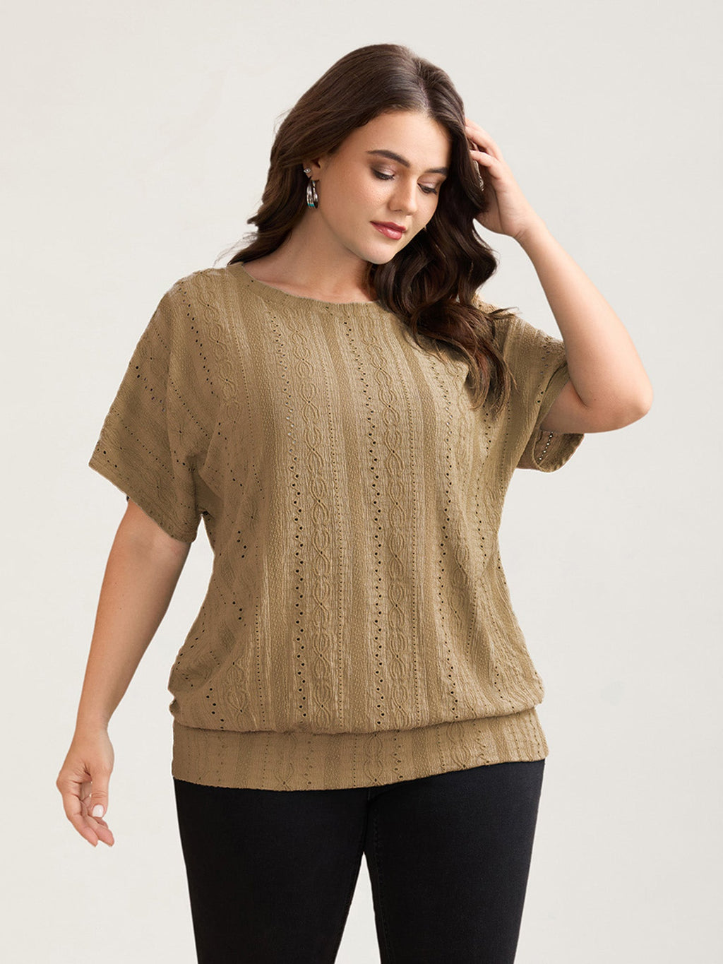 Eyelet Trim Stretchy Textured Plain Top