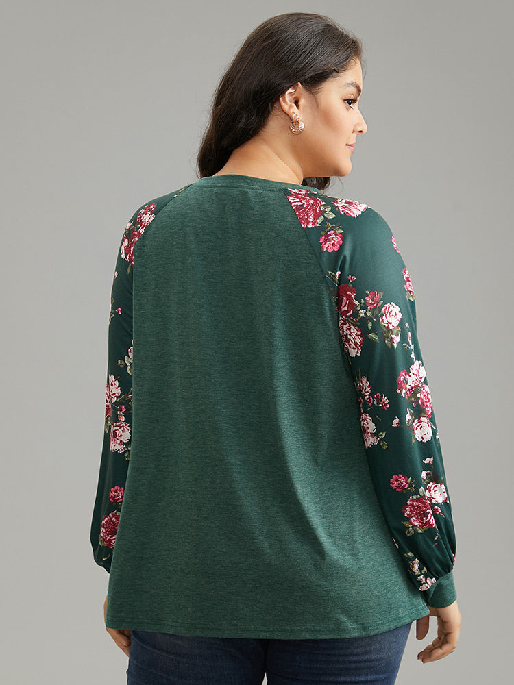 Floral Patchwork Crew Neck Raglan Sleeve T-shirt