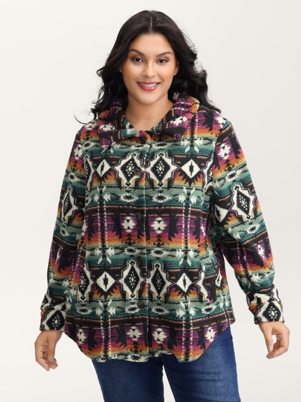 Geometric Velvet Button Pockets Coat