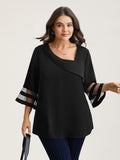 Sheer Sleeve Patchwork Asymmetrical Neckline Blouse