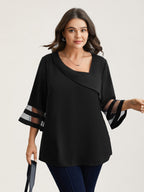 Sheer Sleeve Patchwork Asymmetrical Neckline Blouse