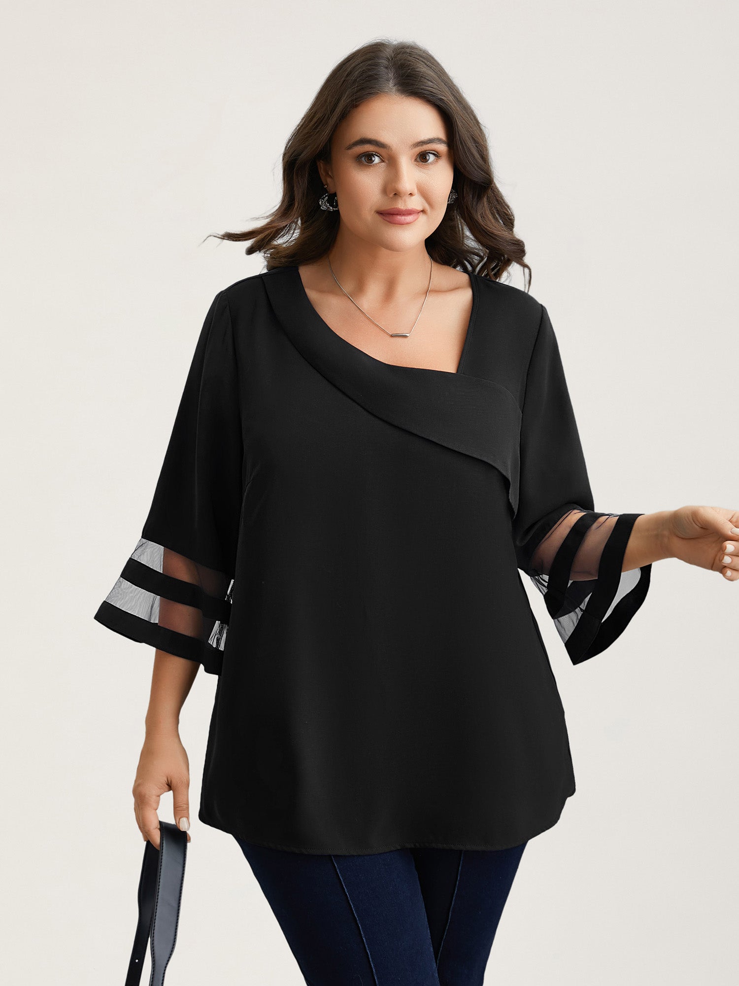 Sheer Sleeve Patchwork Asymmetrical Neckline Blouse