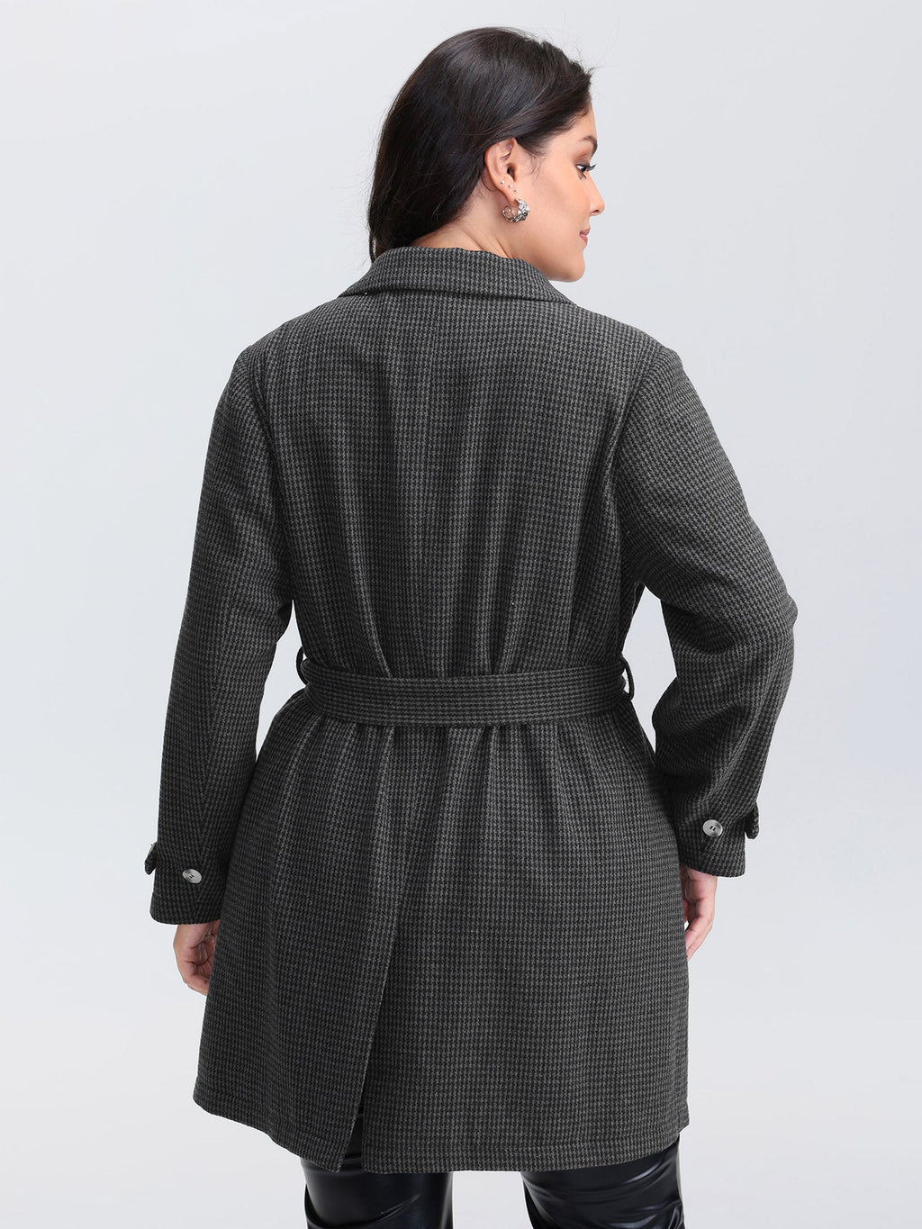 Houndstooth Button Detail Belted Coat