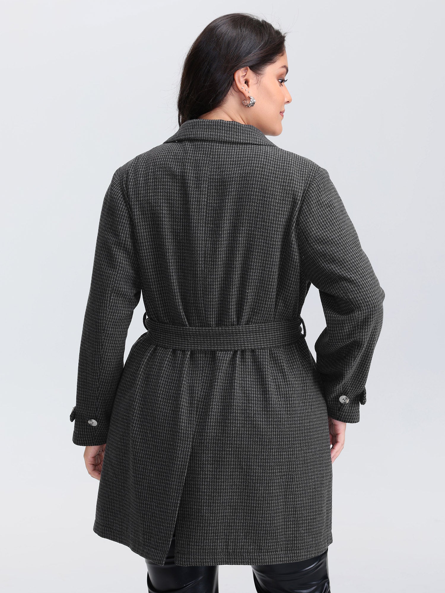 Houndstooth Button Detail Belted Coat