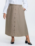 Retro Check Pattern Button Decor Midi Skirt