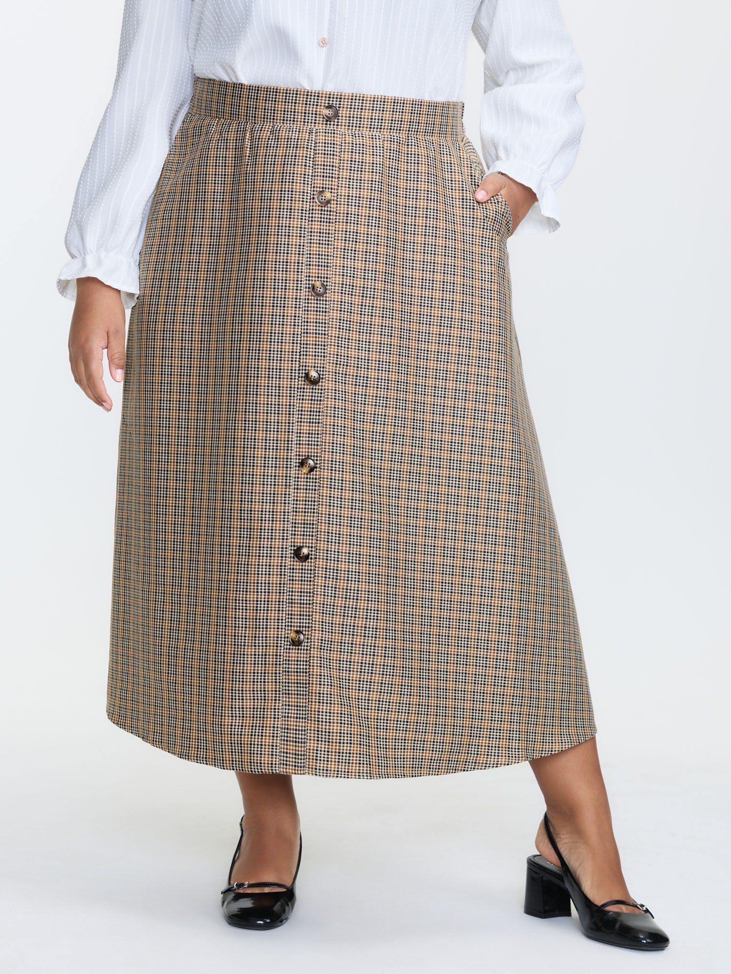 Retro Check Pattern Button Decor Midi Skirt