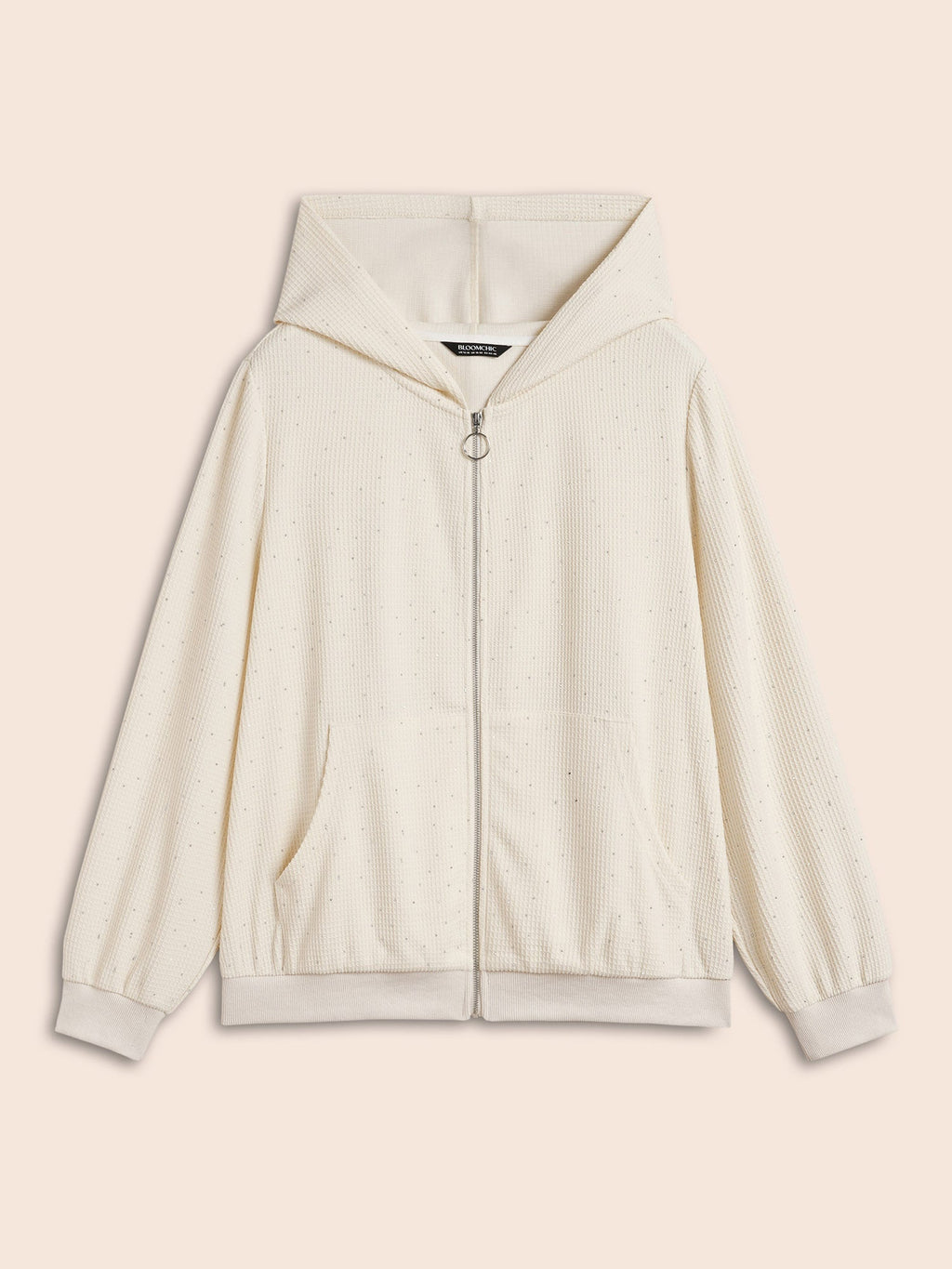 Textured Rhinestone Hooded O Ring Zipper Sweatshirt