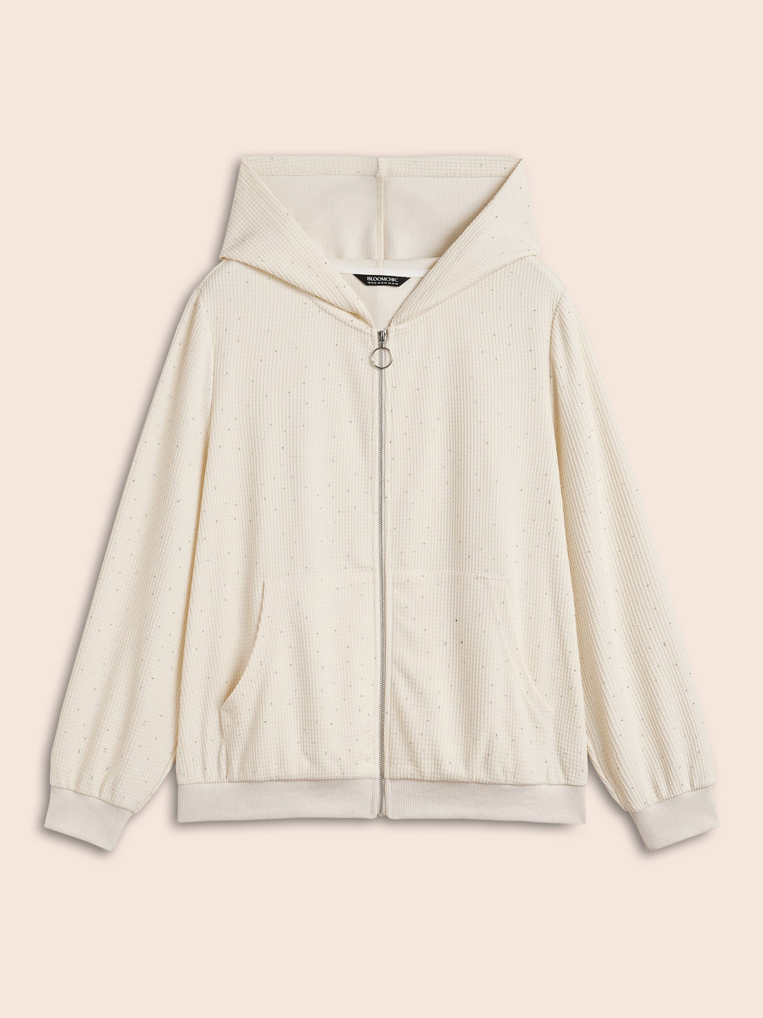 Textured Rhinestone Hooded O Ring Zipper Sweatshirt