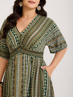 Striped Contrast Dolman Sleeve Shirred Pocket Split Flutter Dress