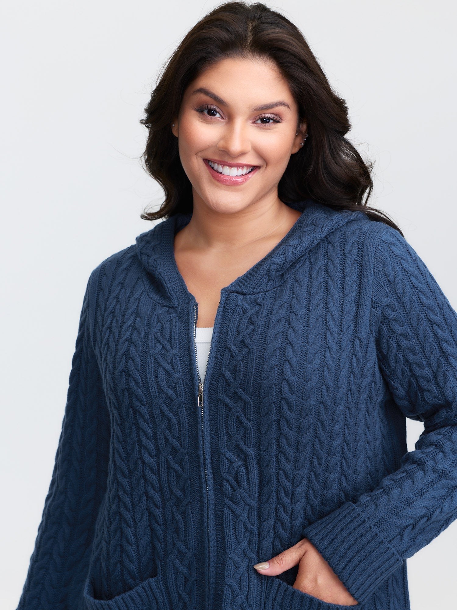 Cableknit Zipper Hooded Knit Cardigan