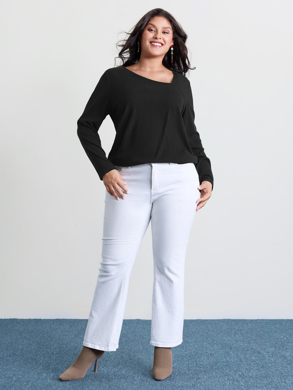 Super Stretchy Ribbed Asymmetrical Neck T-Shirt