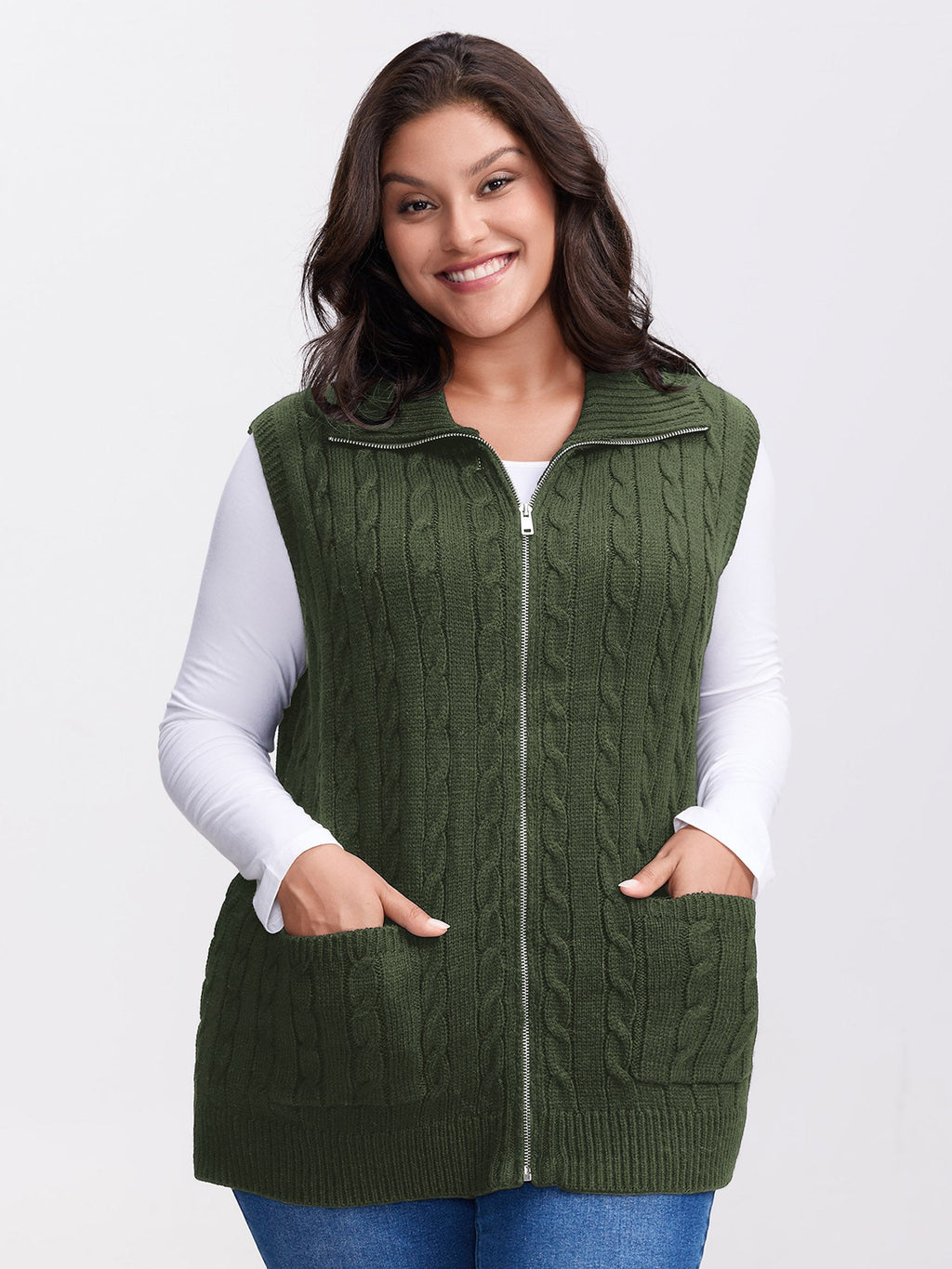 Cable Zipper Sleeveless Knit Cardigan