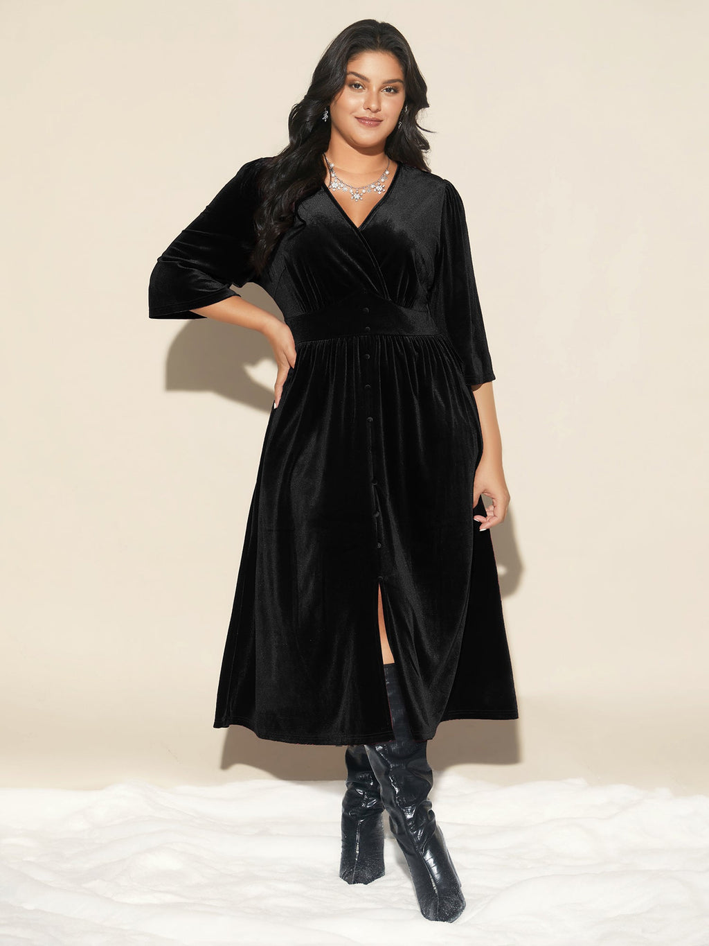 Velvet Ruched Surplice Neckline Midi Dress