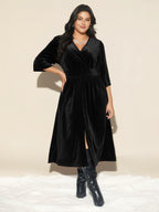 Velvet Ruched Surplice Neckline Midi Dress