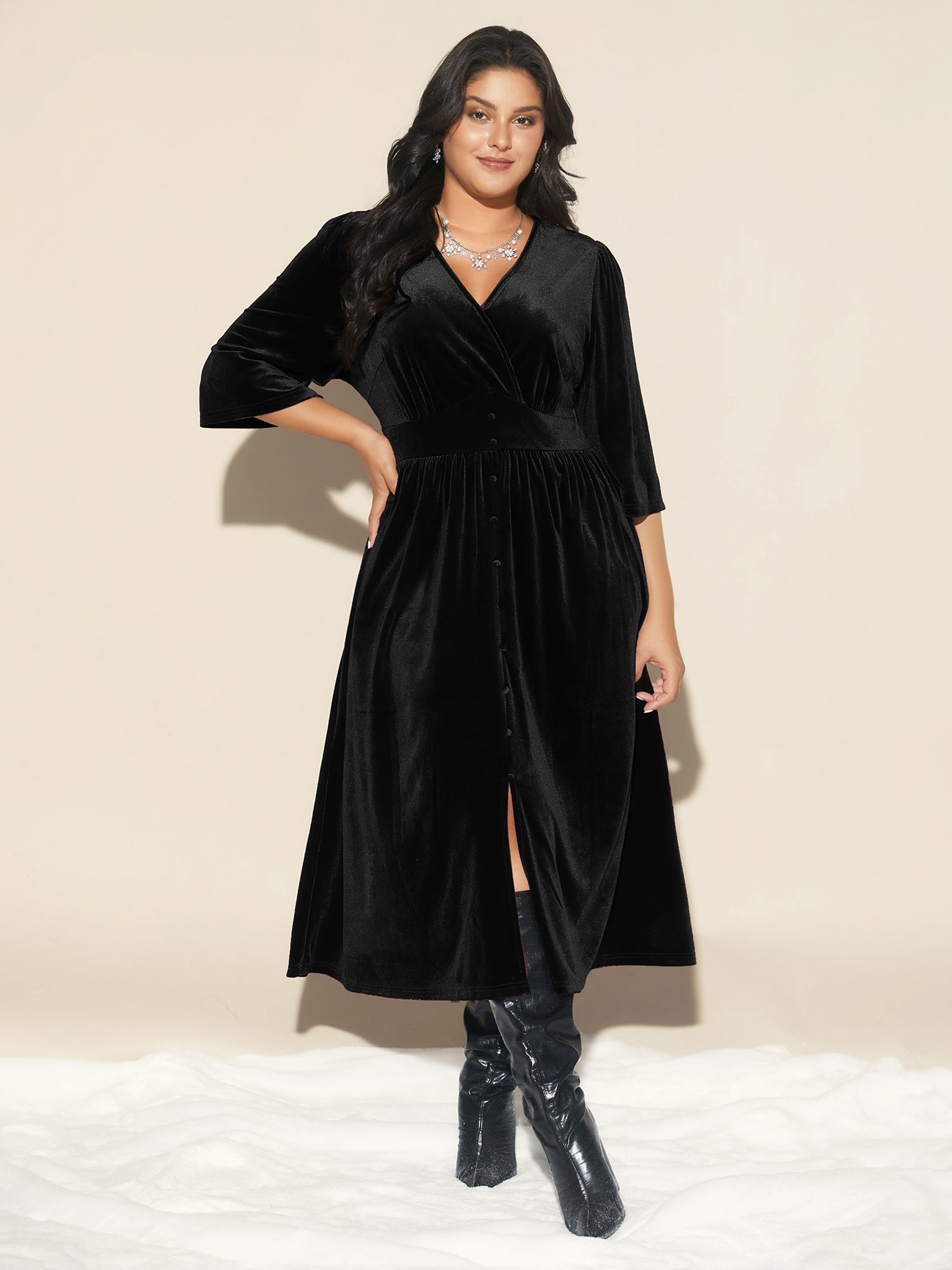 Velvet Ruched Surplice Neckline Midi Dress