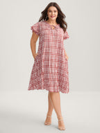 Sweet Plaid Pattern Pockets Midi Dress