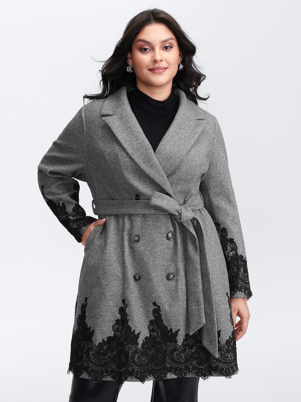 Color Contrast Belted Lace Coat