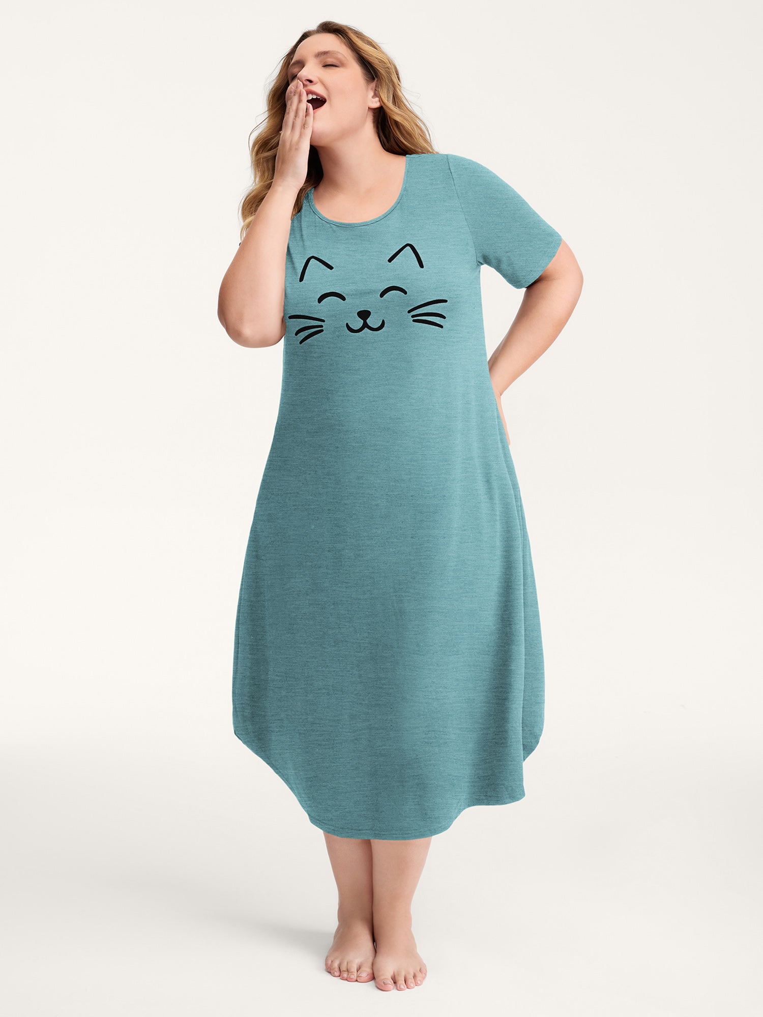 Happy Cat Print Stretchy Contrast Sleep Dress