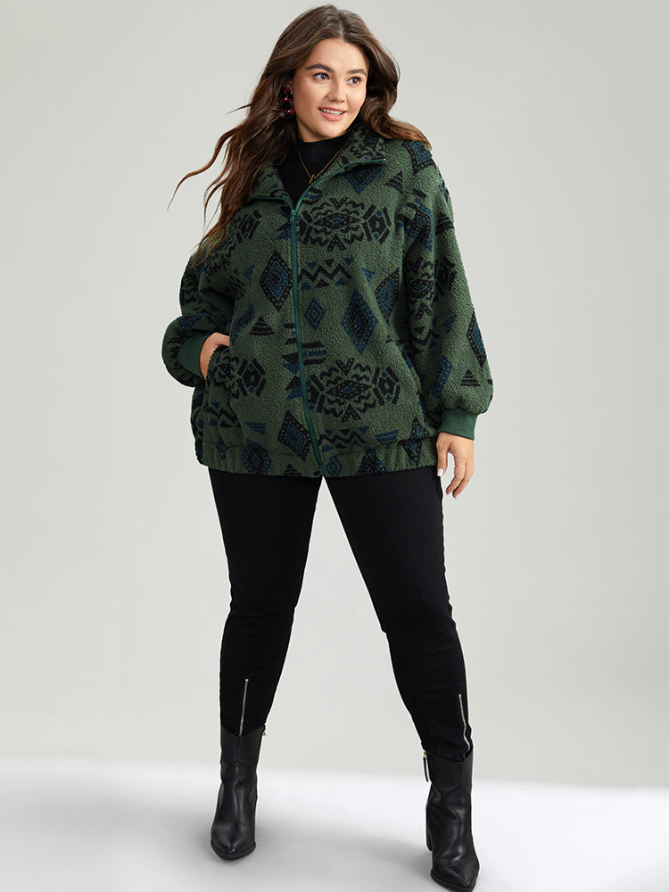 Geometric Pocket Gathered Zipper Jacket