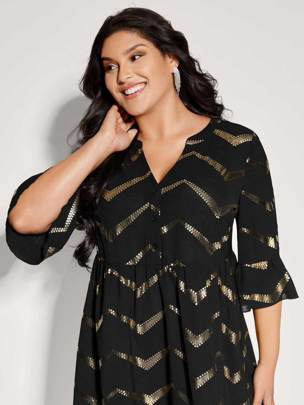 Gold Stamping Wavy Knee-Length Dress