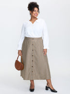 Retro Check Pattern Button Decor Midi Skirt