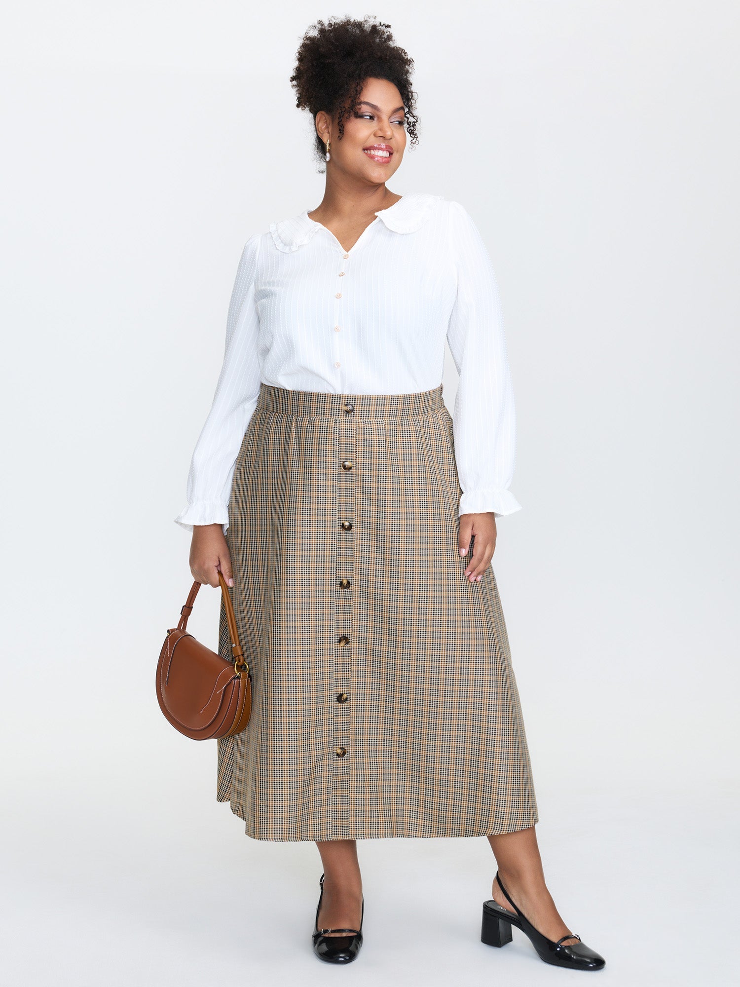 Retro Check Pattern Button Decor Midi Skirt