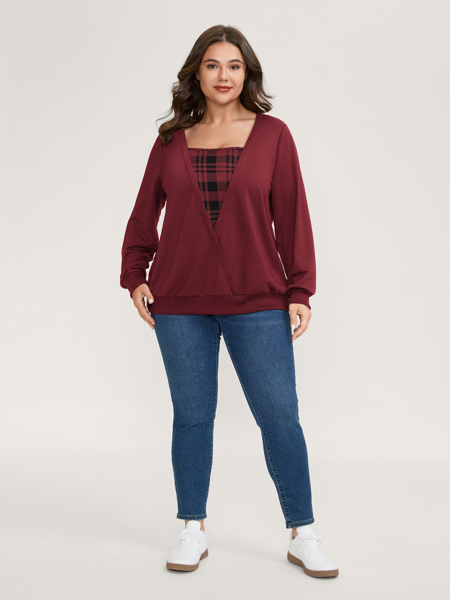 Plaid Spliced Wrap Contrast Sweatshirt