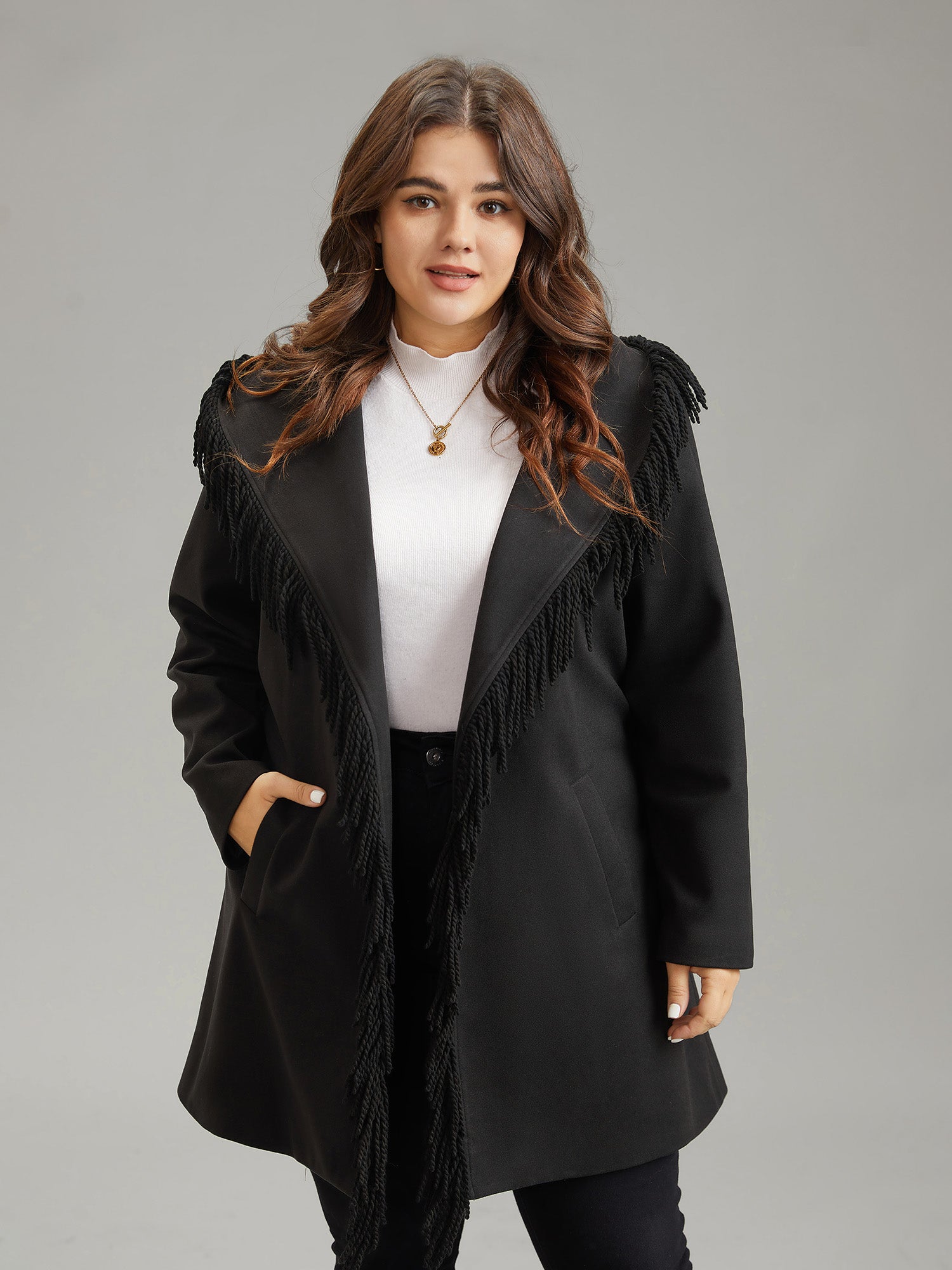 Tassels Trim Plain Lapel Collar Belted Coat