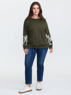 Leaf Embroidered Sleeve Round Neck Sweatshirt