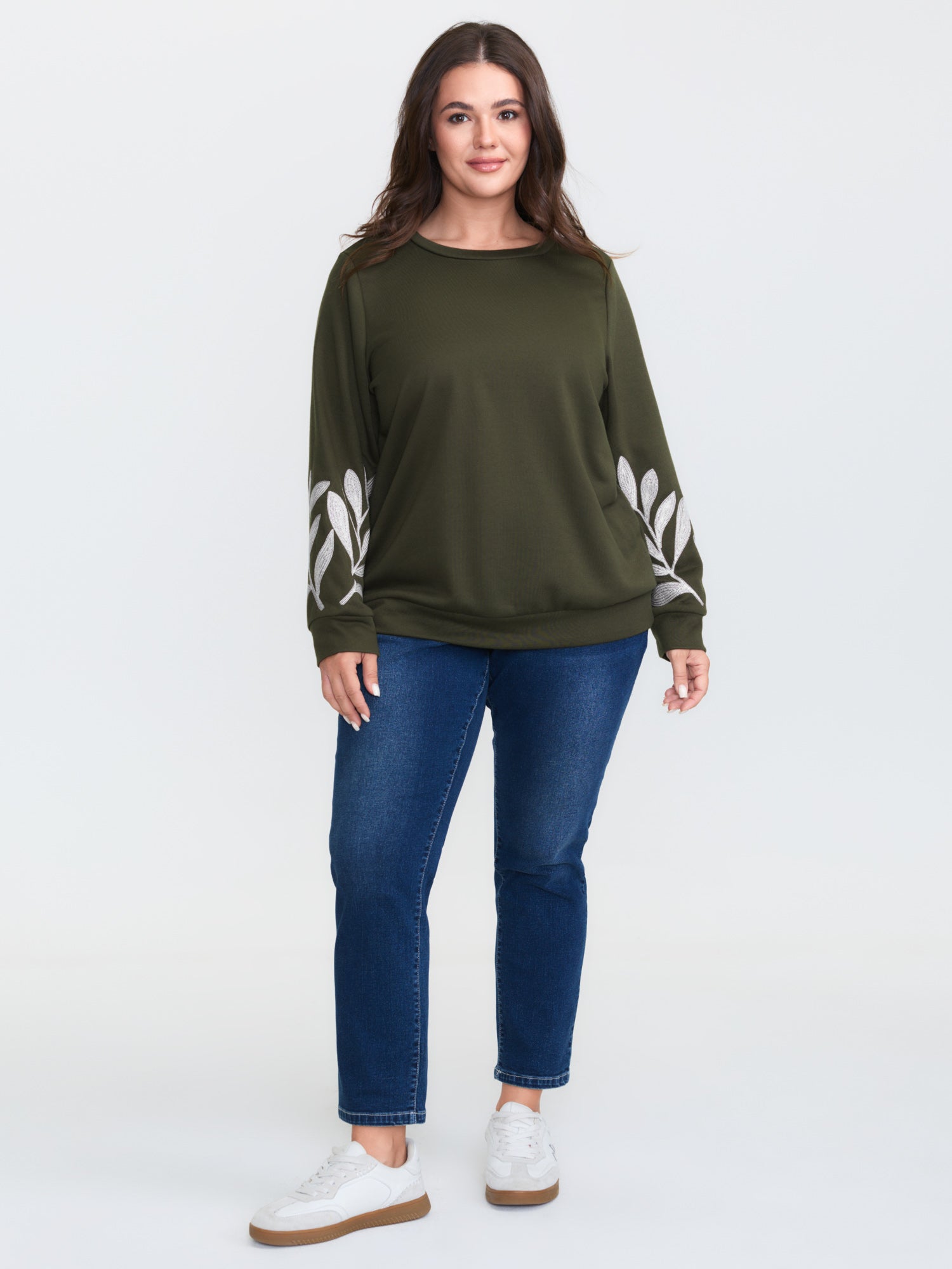 Leaf Embroidered Sleeve Round Neck Sweatshirt