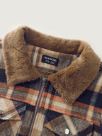 Plaid Pattern Fuzzy Collar Zipper Jacket