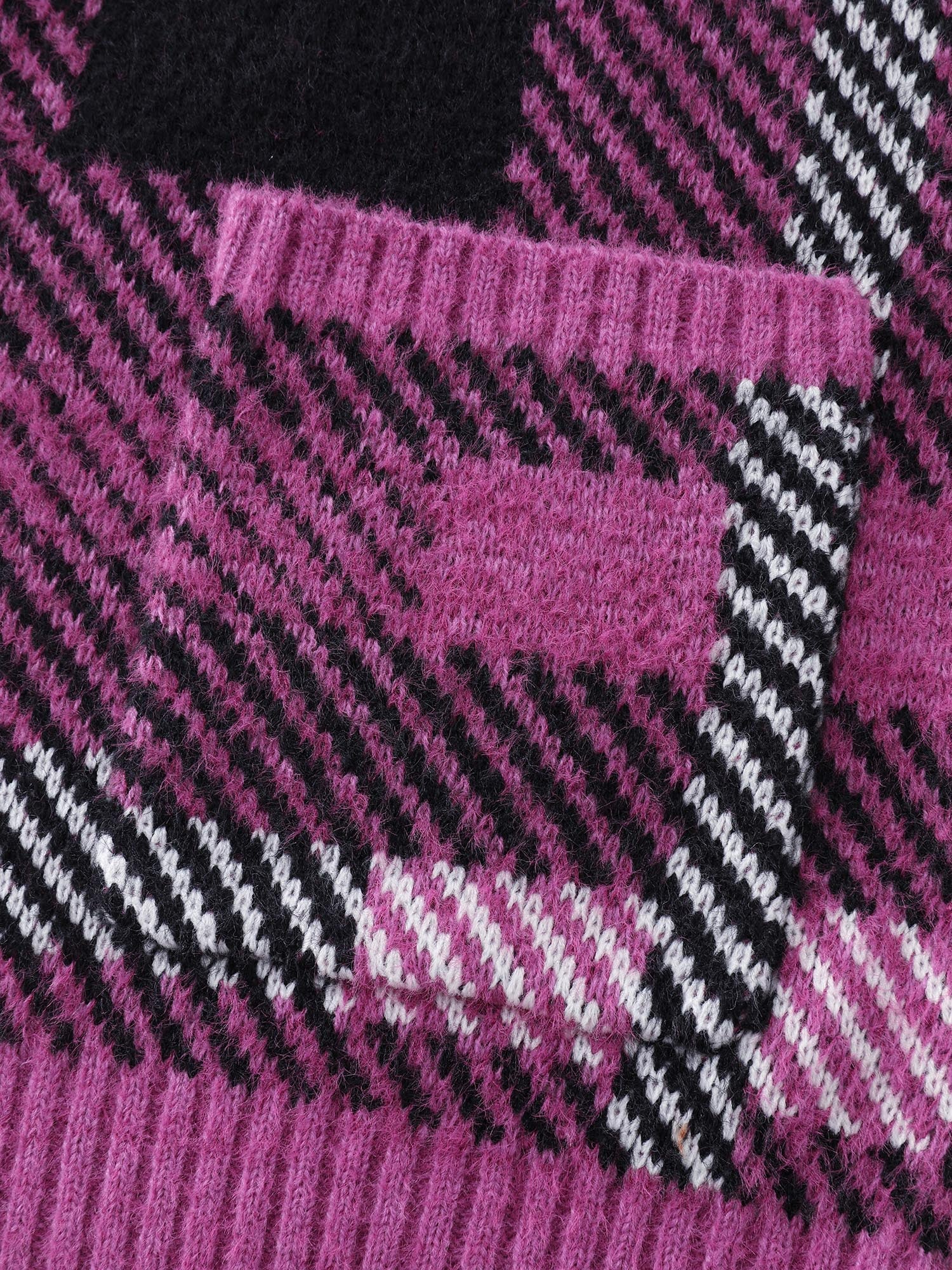 Fuzzy Plaid Pattern Button Knit Cardigan