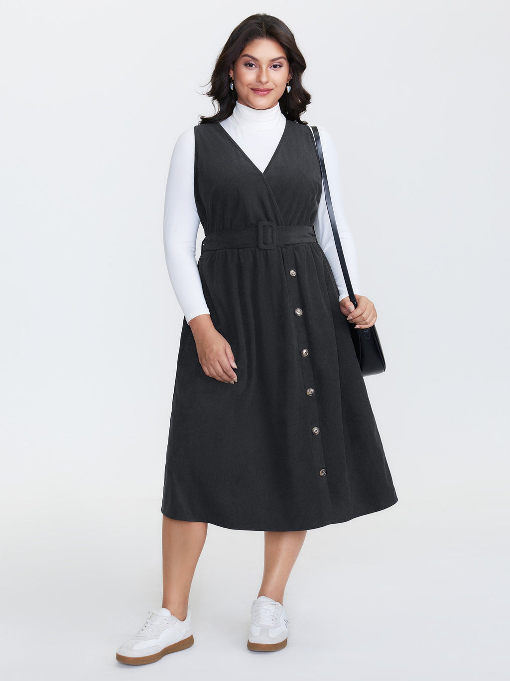 Corduroy Sleeveless Belted Side Midi Dress