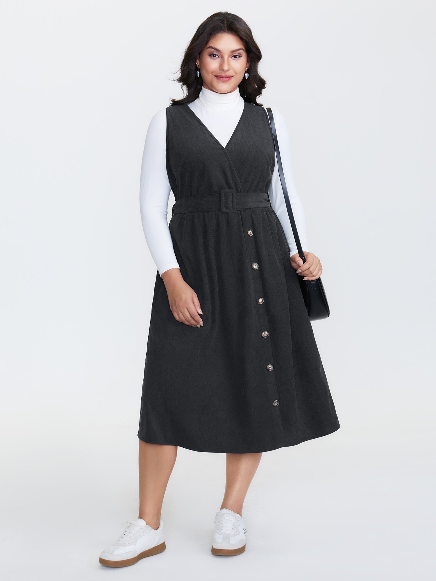 Corduroy Sleeveless Belted Side Midi Dress