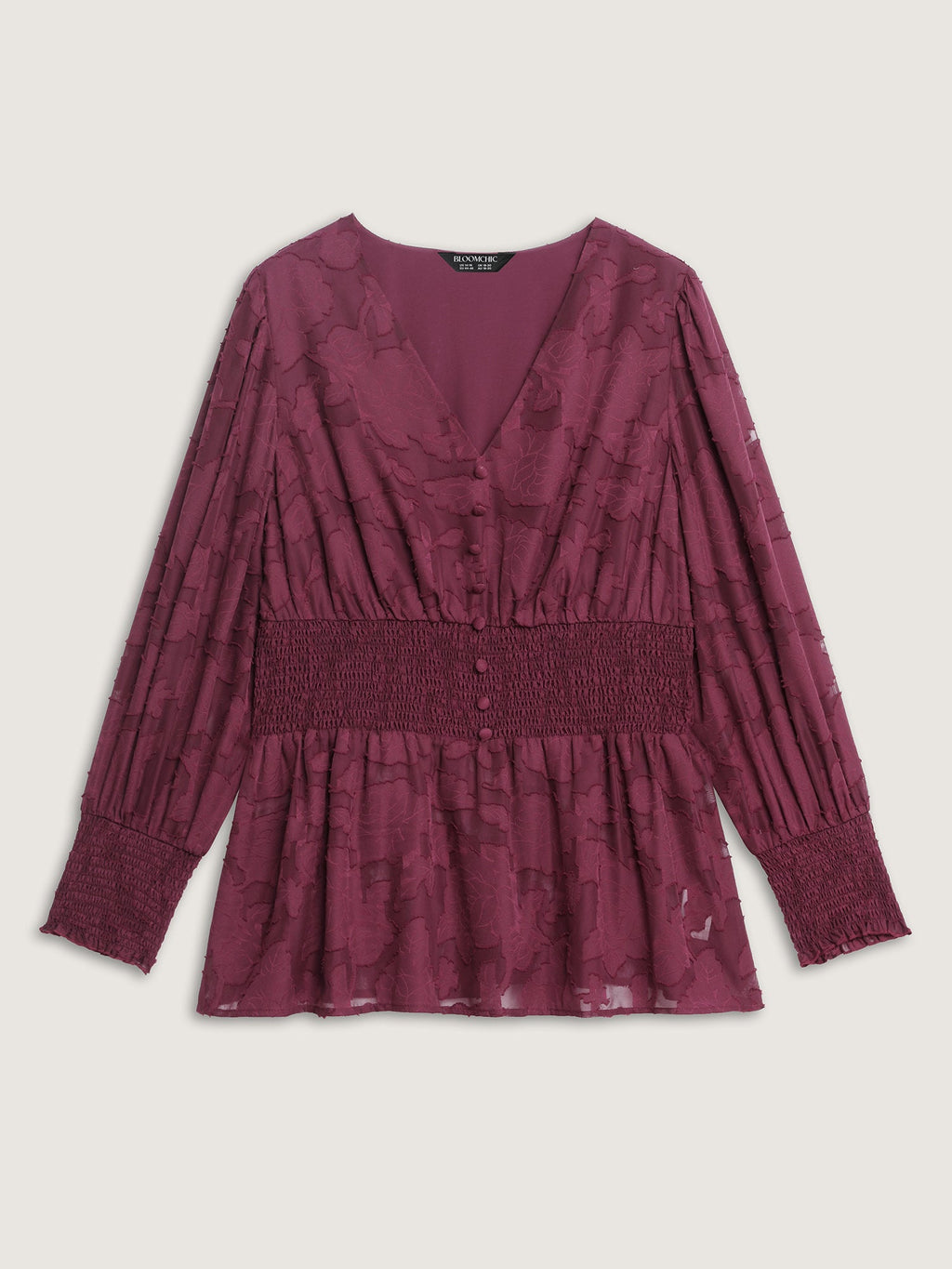 Laser Cut Shirred Waist Button Blouse