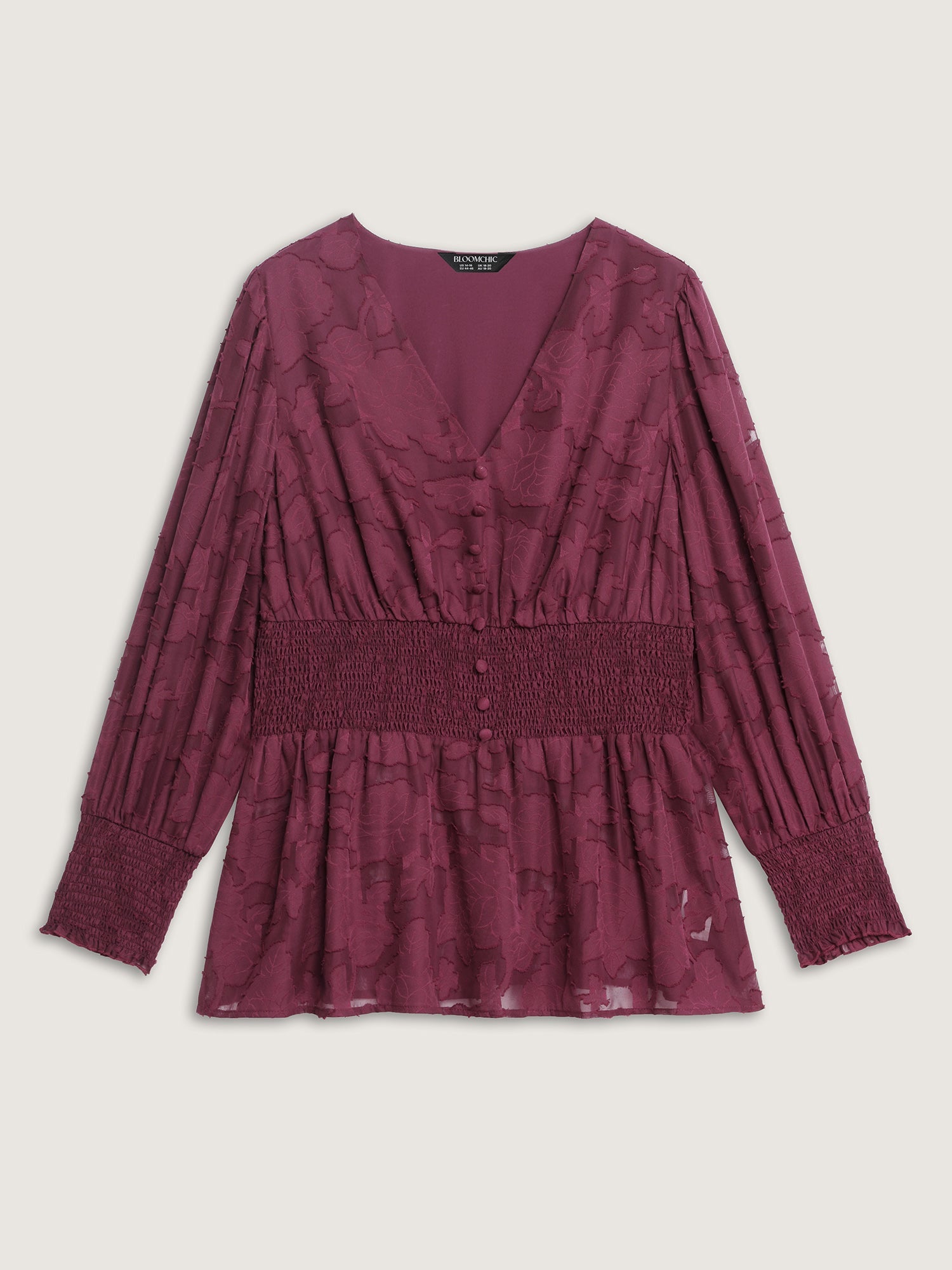 Laser Cut Shirred Waist Button Blouse