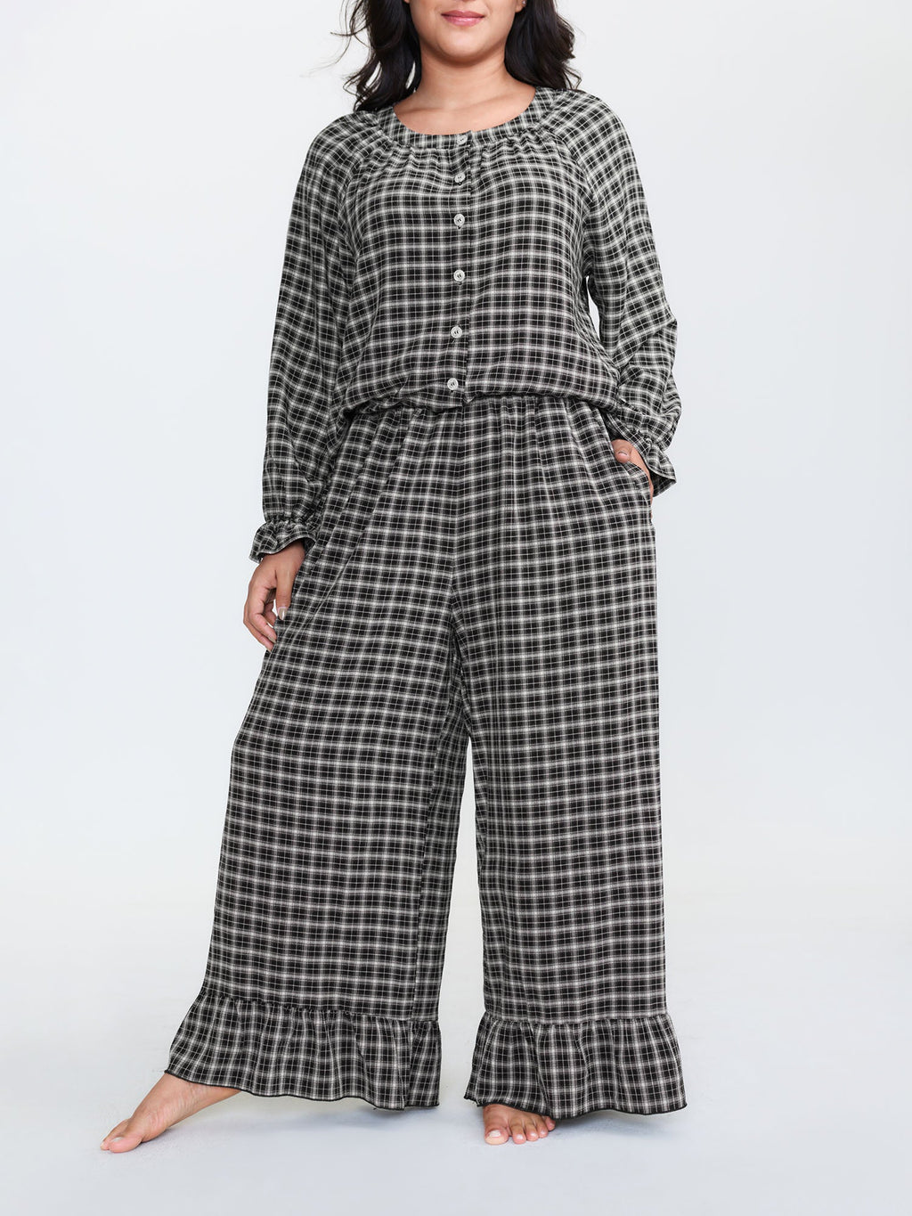 Gingham Ruffled Hem Loungewear Set